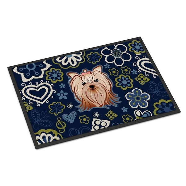 Carolines Treasures 18 x 27 in. Blue Flowers Yorkie Yorkishire Terrier Indoor or Outdoor Mat BB5055MAT - main